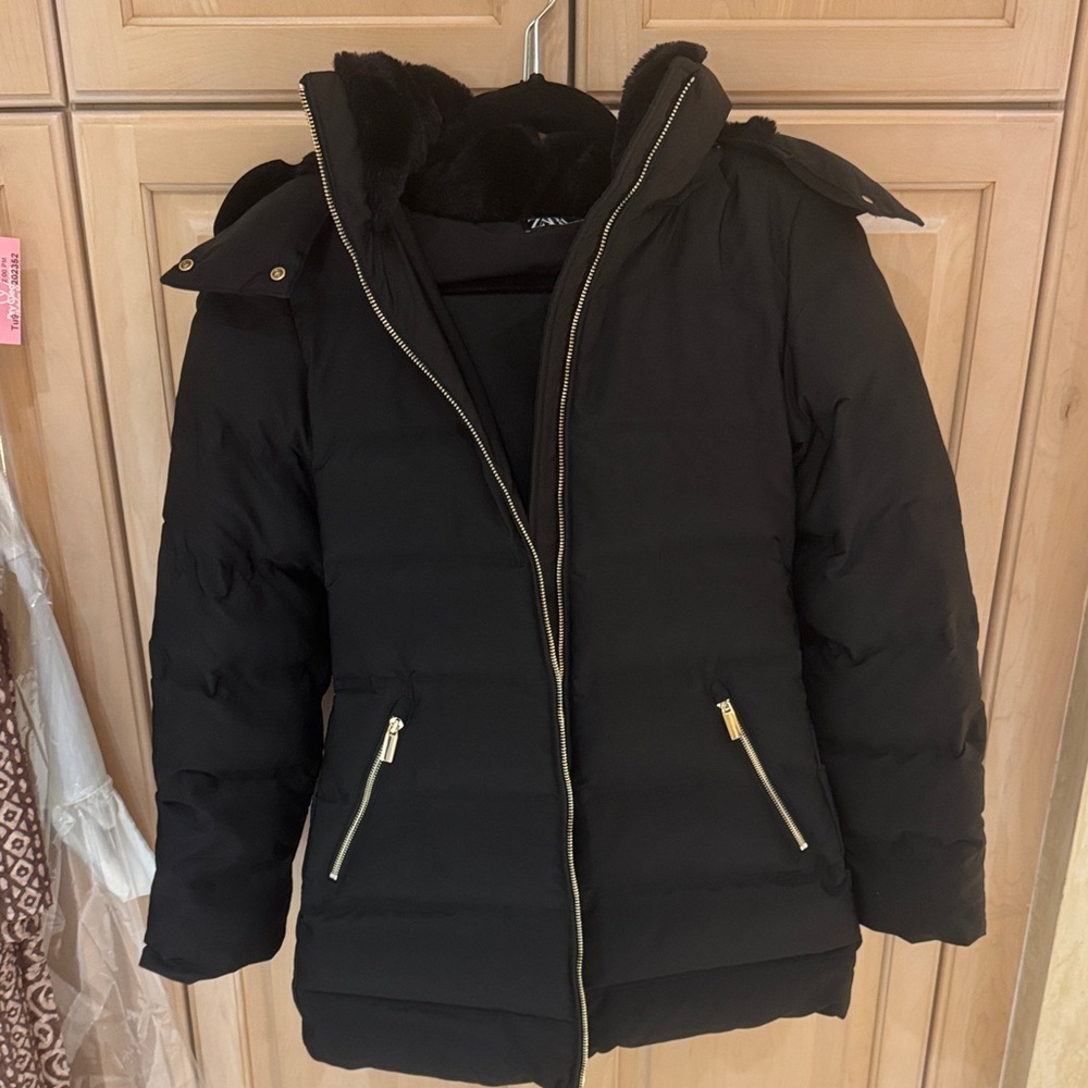 Zara Black Puffer Coat with Gold Details NEW
